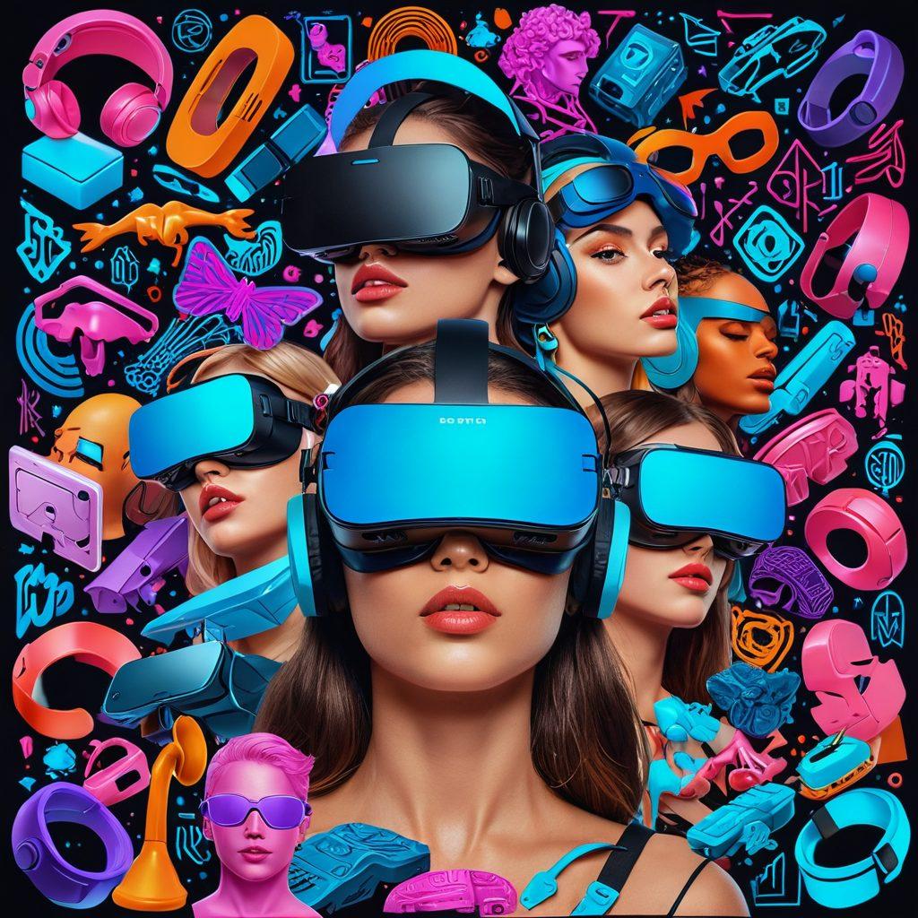 A dynamic collage of diverse online porn categories, featuring VR headsets, various fetish icons, and a spectrum of erotic scenes blending into each other. Include abstract shapes and vibrant neon colors to symbolize the digital world. Supremely detailed, and slightly surrealistic. vibrant colors.
