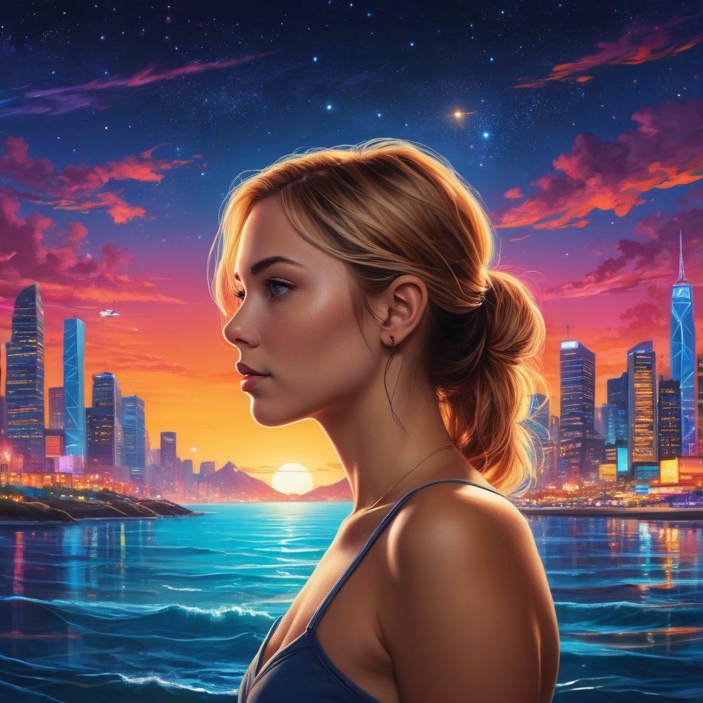 A dynamic scene capturing the transformation of an individual from an innocent amateur to a confident international adult star. In the background, have a vast ocean symbolizing the challenging yet promising journey, with a blend of city lights and film industry symbols. The person should exhibit growth and empowerment. vibrant colors. super-realistic. cinematic vibes.